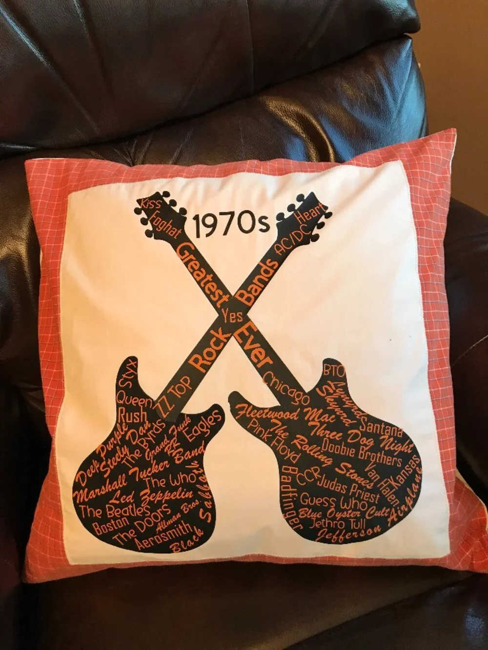 Handmade Pillow Cover, 1970s Rock Bands Guitars Music Room Decor 20 x 20 inches